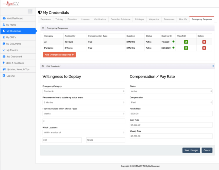 MedCV Emergency Response Profile